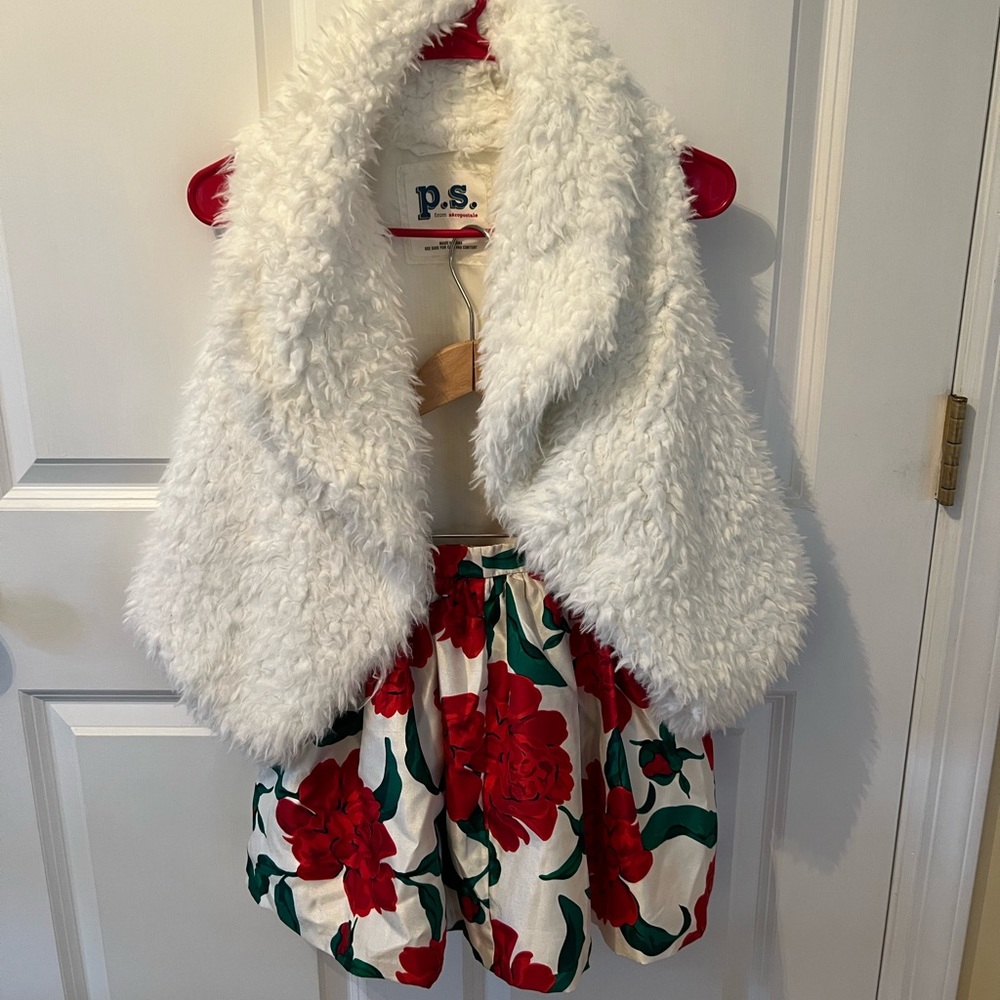 Gymboree satin skirt and Aero Kids fluffy white vest